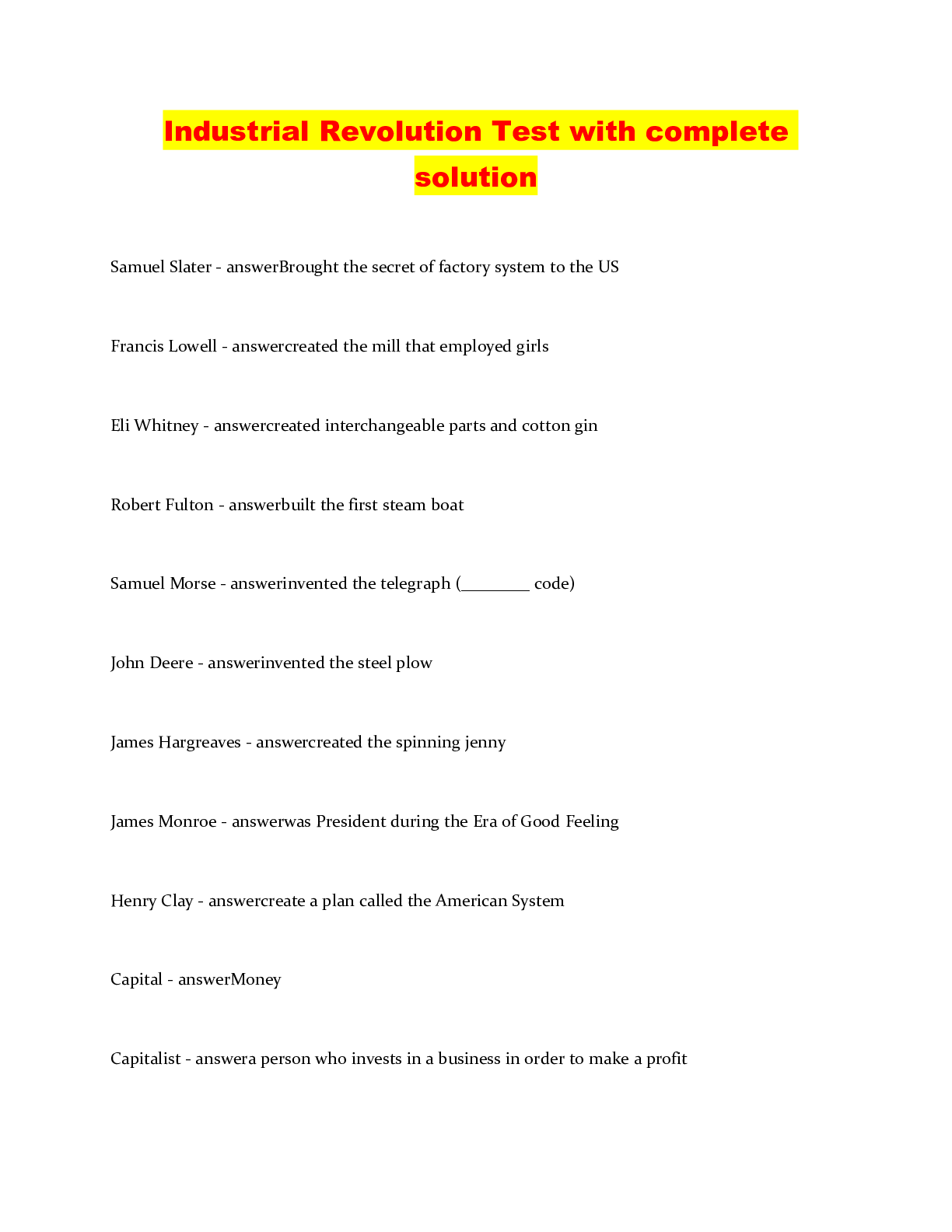 Industrial Revolution Test with complete solution Browsegrades